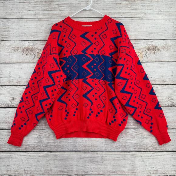 Vintage 80s Obermeyer Sport Crewneck Ski Sweater Mens Large Florescent Red Blue - Picture 1 of 13